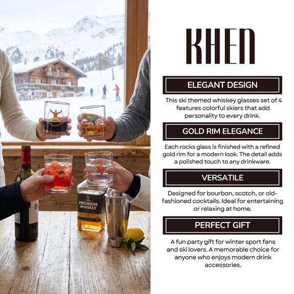 Skiers Glass Set, 4 Piece 13.7 oz 4.06 in Multicolor Clear Gold