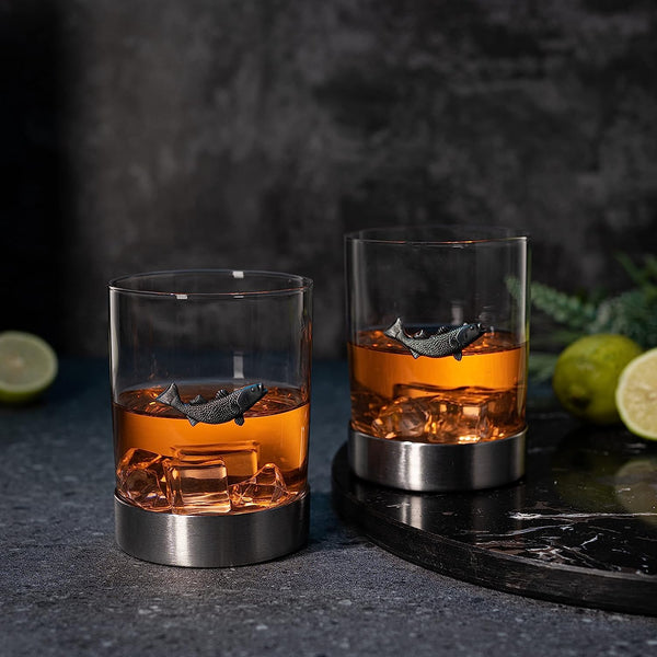 Fish Whiskey, Wine & Water Glasses Set of 2, Double Tumbler Trout Fishing Set - Fisherman Gifts, Old Fashioned Whiskey, Rum, Brandy, Scotch Glasses, Fathers Day 11 OZ, Gifts for Men, Dad