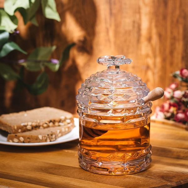Crystal Bee Honey Dish Jar with Dipper and Lid 14oz