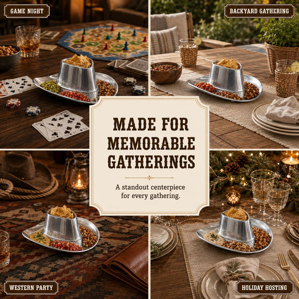 Cowboy Hat Chip and Dip Serving Bowl Silver Brass Snack