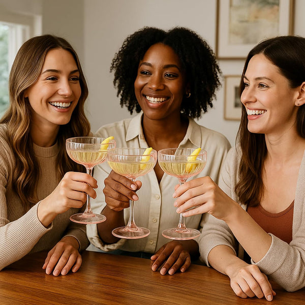 Khen Flower Modern Wavy Glass Coupes Martini, Champagne & Cocktail Coupes - Set of 4-7.7oz Colorful Cocktail Glasses & Prosecco, Mimosa Glassware Copyright Design - Blush Pink
