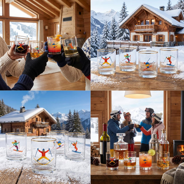 Skiers Glass Set, 4 Piece 13.7 oz 4.06 in Multicolor Clear Gold