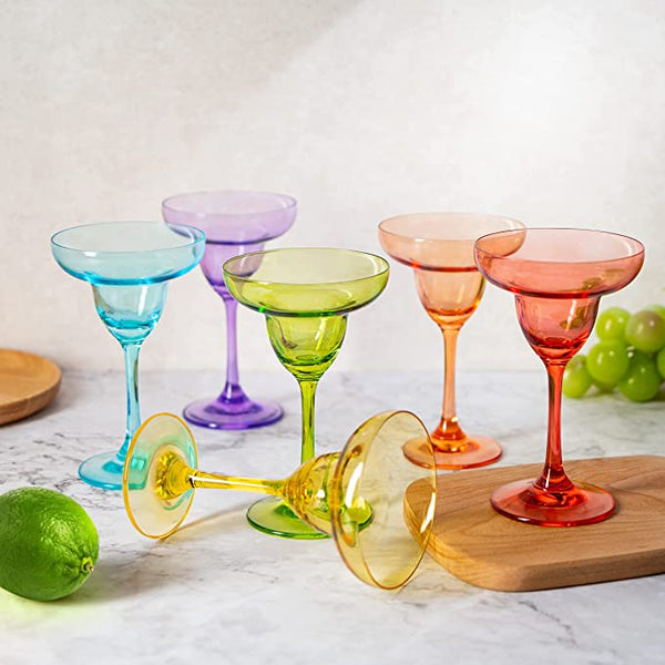 The Wine Savant Vibes Hand Blown Colorful Margarita & Martini Glass (Set of 6) – Fancy 7.4oz Luxury Hand Blown For Cocktails, Water, Wine, Juice, & Champagne Glasses Cinco de Mayo Large Party, Set of 6