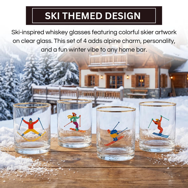 Skiers Glass Set, 4 Piece 13.7 oz 4.06 in Multicolor Clear Gold