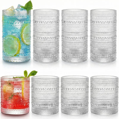 Vintage Hobnail Drinking Glasses Set of 8, 12 oz Highball Glasses & 10 oz Cocktail Glasses Set