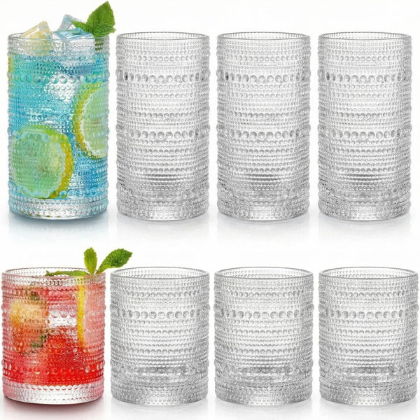 Vintage Hobnail Drinking Glasses Set of 8, 12 oz Highball Glasses & 10 oz Cocktail Glasses Set