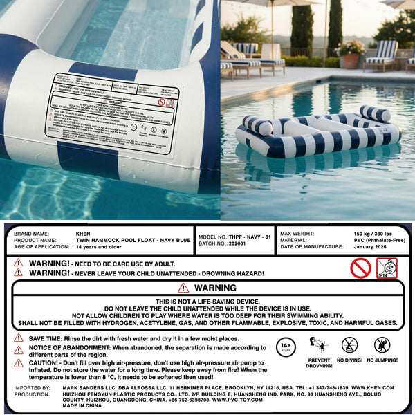 Navy Blue Twin Hammock Pool Float, Single Piece, 86.61 x 53.15 x 16.54