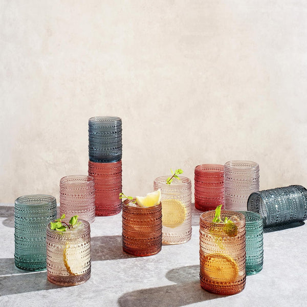 Hobnail Beaded Highball Drinking Tumbler Glasses | Set of 12