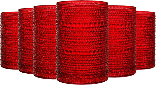 Christmas Red Highball Hobnail Glasses Set 6 10.8oz