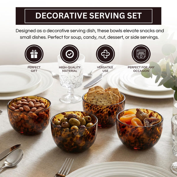 Amber Tortoise Shell Glass Bowls Set of 4 | 4.3” - 12.8oz