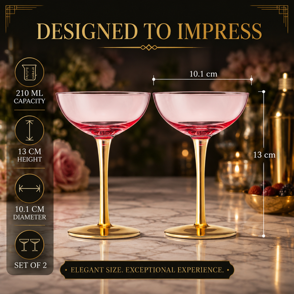 Deco Champagne Coupe Cocktail Glassware, Pink, Set of 2