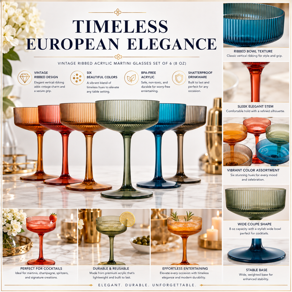 Eze Acrylic Ribbed Champagne Coupe, Cocktail Glassware, Set of 6