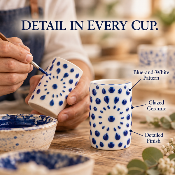 Khen Tequila Ceramic Shot Glasses, Set of 4 White and Blue Shooter Cups