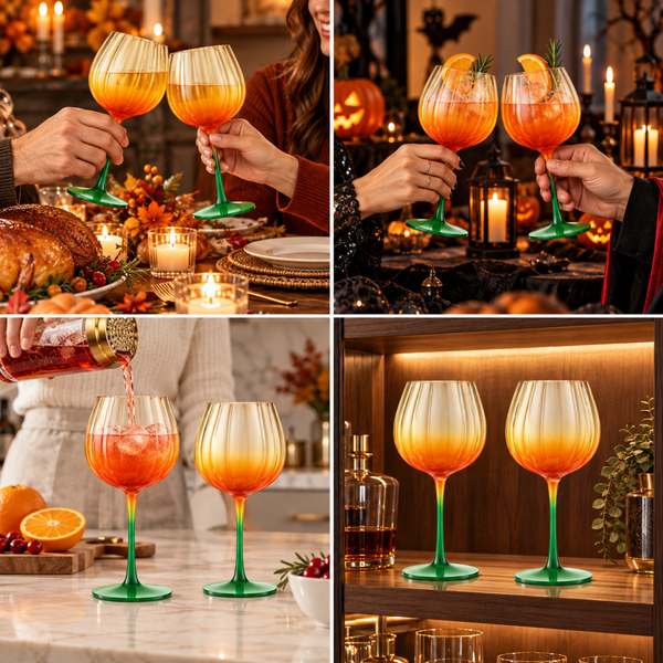 Khen Pumpkin Wine Glasses Fall Inspired Lightweight - Set of 2 Orange & Green