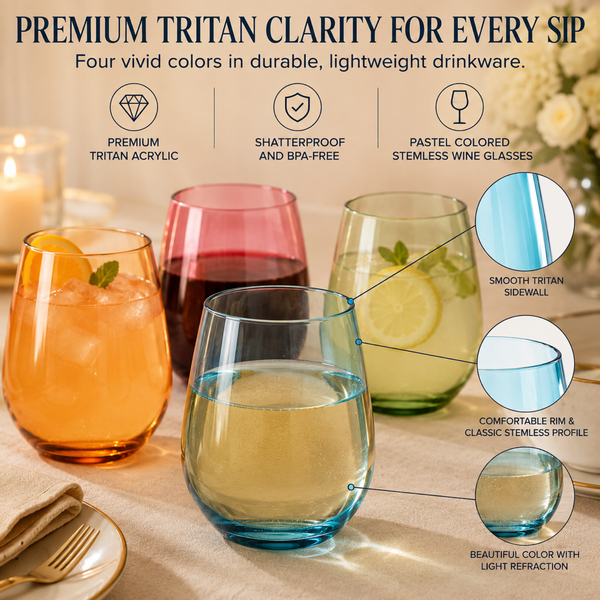Tritan 15oz Shatterproof Stemless Wine Glasses - Set of 4 Plastic Tumblers