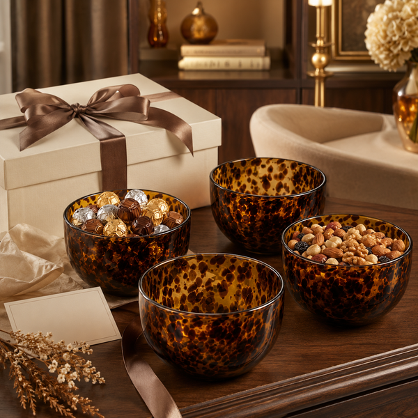 Amber Tortoise Shell Glass Bowls Set of 4 | 4.3” - 12.8oz