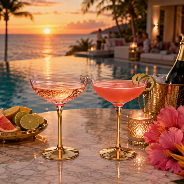 Deco Champagne Coupe Cocktail Glassware, Pink, Set of 2