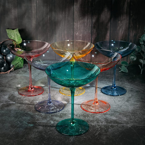 Vibes Colored Vintage Glass Coupes 12oz by The Wine Savant - Colorful Cocktail, Martini & Champagne Glasses, Prosecco, Mimosa Glasses Set, Cocktail Glass Set, Bar Glassware Luster Glasses (6, Multicolored)