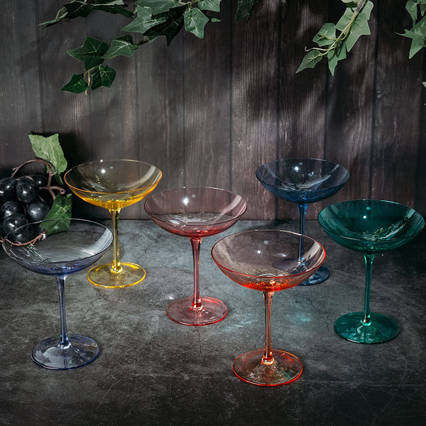 Vibes Colored Vintage Glass Coupes 12oz by The Wine Savant - Colorful Cocktail, Martini & Champagne Glasses, Prosecco, Mimosa Glasses Set, Cocktail Glass Set, Bar Glassware Luster Glasses (6, Multicolored)