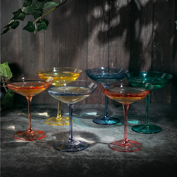 Vibes Colored Vintage Glass Coupes 12oz by The Wine Savant - Colorful Cocktail, Martini & Champagne Glasses, Prosecco, Mimosa Glasses Set, Cocktail Glass Set, Bar Glassware Luster Glasses (6, Multicolored)