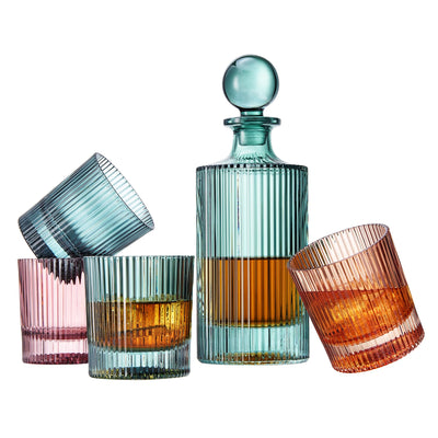 Khen Ribbed Decanter Set with 4 Glasses – Whiskey Bourbon Scotch Cocktail Drinkware | 5-Piece Muted Toned Glassware Collection | European Inspired Durable Barware Gift Elegant Home Bar 27oz 10oz