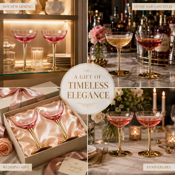 Deco Champagne Coupe Cocktail Glassware, Pink, Set of 2