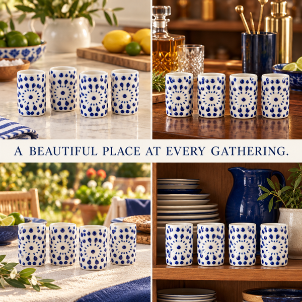 Khen Tequila Ceramic Shot Glasses, Set of 4 White and Blue Shooter Cups