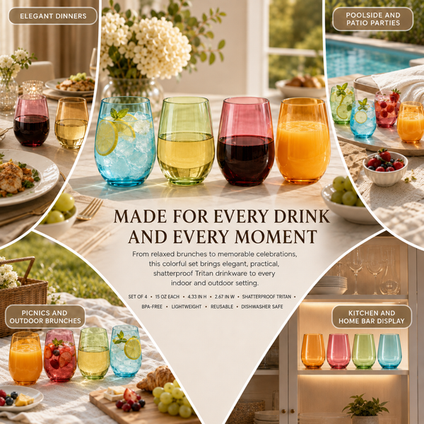 Tritan 15oz Shatterproof Stemless Wine Glasses - Set of 4 Plastic Tumblers