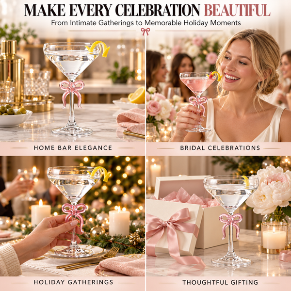 Single Clear Martini Glass with Pink Bow on Stem, One Piece