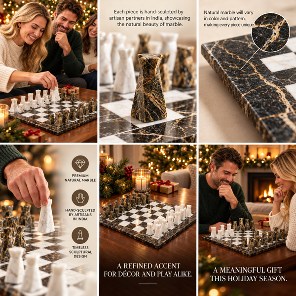Marble Chess Set, 16.92 x 16.53 Inch Black and White Stone