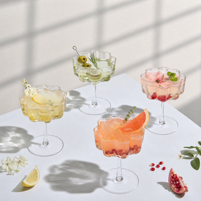 Vintage Wavy Coupe Glasses Set of 4, 7oz Colorful Martini & Champagne Glasses with Scalloped Design