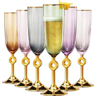 Pastel Champagne Coupe Glasses Set of 6 with Gold Rim & Stem, Vintage Colored Toasting Glassware
