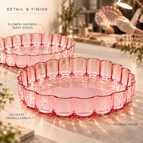 Khen Glass Flower Wave Colored Plates | Set of 2 | Blush Pink Green