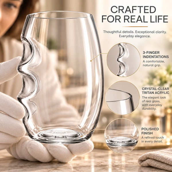 Barcelona Acrylic Stemless Finger-Indent Wine Glassware, Set of 12