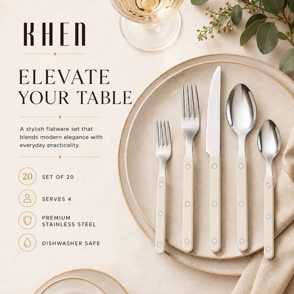 Khen Cream Cutlery Set of 20 –18/8 Stainless Steel Flatware