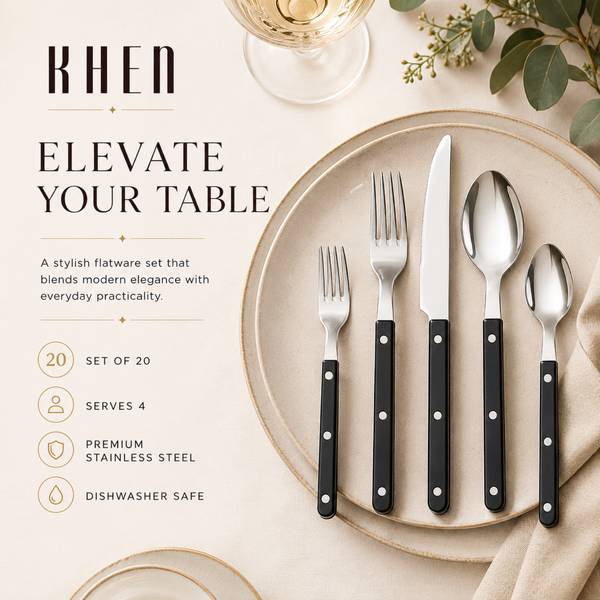 Khen Black Cutlery Set of 20 –18/8 Stainless Steel Flatware