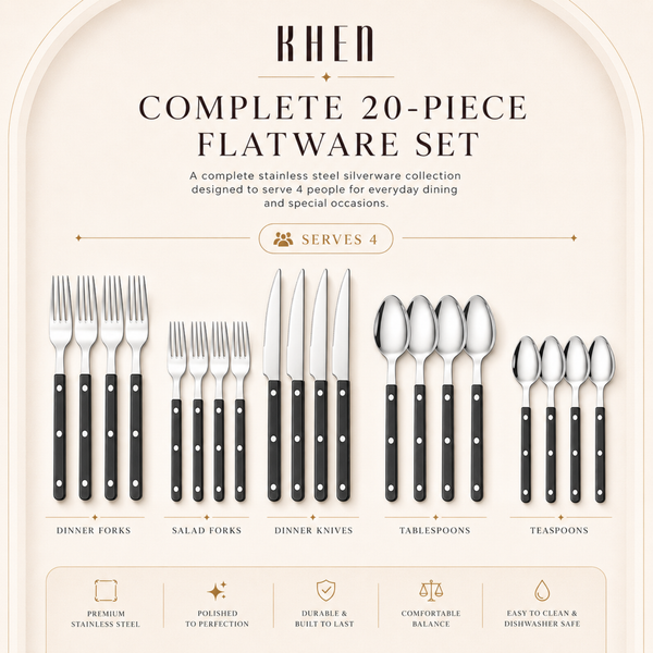Khen Black Cutlery Set of 20 –18/8 Stainless Steel Flatware