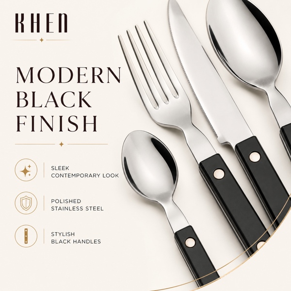 Khen Black Cutlery Set of 20 –18/8 Stainless Steel Flatware