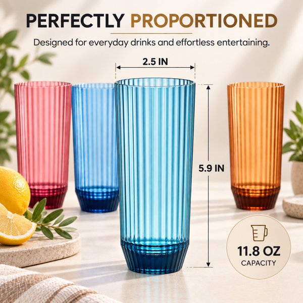 Khen Shatterproof Acrylic Ribbed Drinking Glasses Set | Set of 4