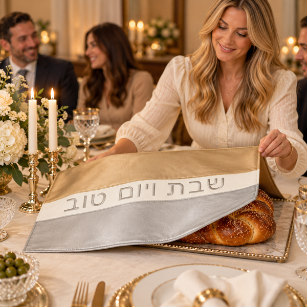 Shabbat & Yom Tov Challah Cover | Modern Gold & Silver Faux Leather