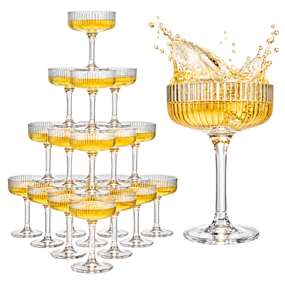 Glass Champagne Tower Set of 20 Crystal Coupes – 7oz Clear Stackable Coupe Glasses