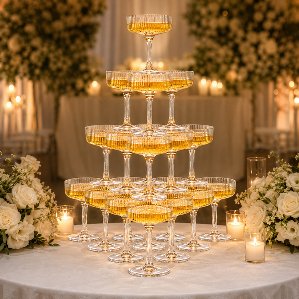 Glass Champagne Tower Set of 20 Crystal Coupes – 7oz Clear Stackable Coupe Glasses