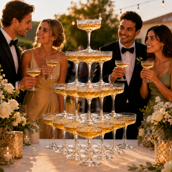 Glass Champagne Tower Set of 20 Crystal Coupes – 7oz Clear Stackable Coupe Glasses