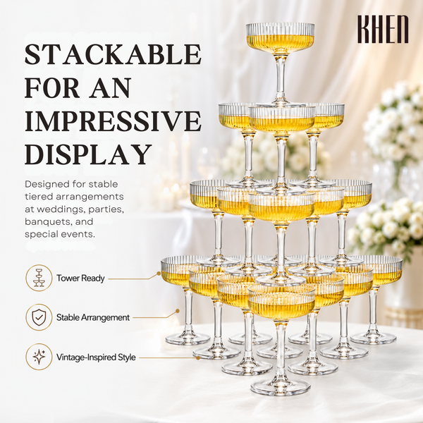 Glass Champagne Tower Set of 20 Crystal Coupes – 7oz Clear Stackable Coupe Glasses