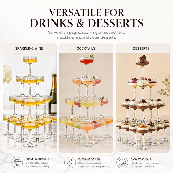 Glass Champagne Tower Set of 20 Crystal Coupes – 7oz Clear Stackable Coupe Glasses