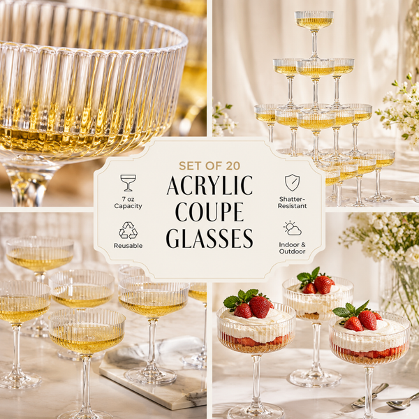 Glass Champagne Tower Set of 20 Crystal Coupes – 7oz Clear Stackable Coupe Glasses