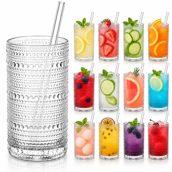 12-Piece Hobnail Drinking Glasses Set, 12 oz Large Vintage Highball Glassware