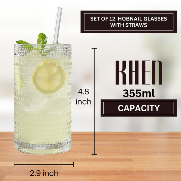 12-Piece Hobnail Drinking Glasses Set, 12 oz Large Vintage Highball Glassware