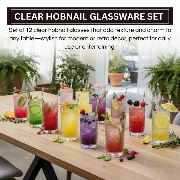 12-Piece Hobnail Drinking Glasses Set, 12 oz Large Vintage Highball Glassware