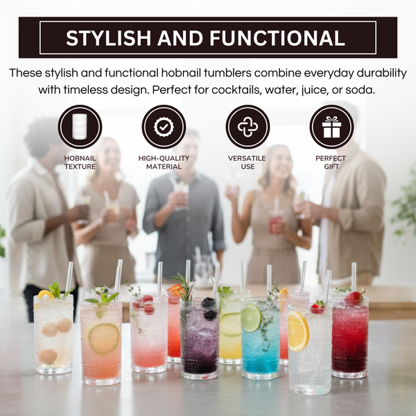 12-Piece Hobnail Drinking Glasses Set, 12 oz Large Vintage Highball Glassware
